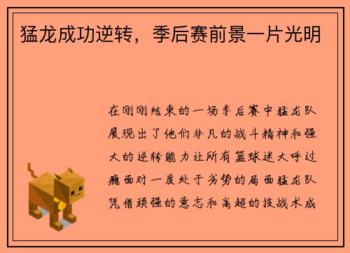 猛龙成功逆转，季后赛前景一片光明
